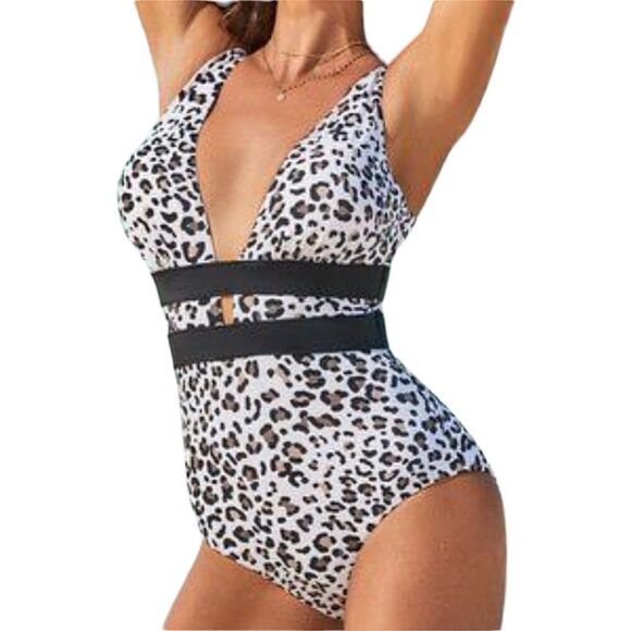 Swimsuits for All Plus Size Leopard Print Plunge One Piece Adjustable Strap - Picture 1 of 11